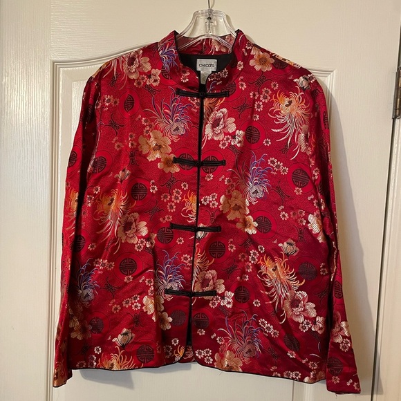 Chico's Floral Fantasy Imperial Asian Silk Jacket  Mandarin Collar Red Size L - Picture 1 of 8